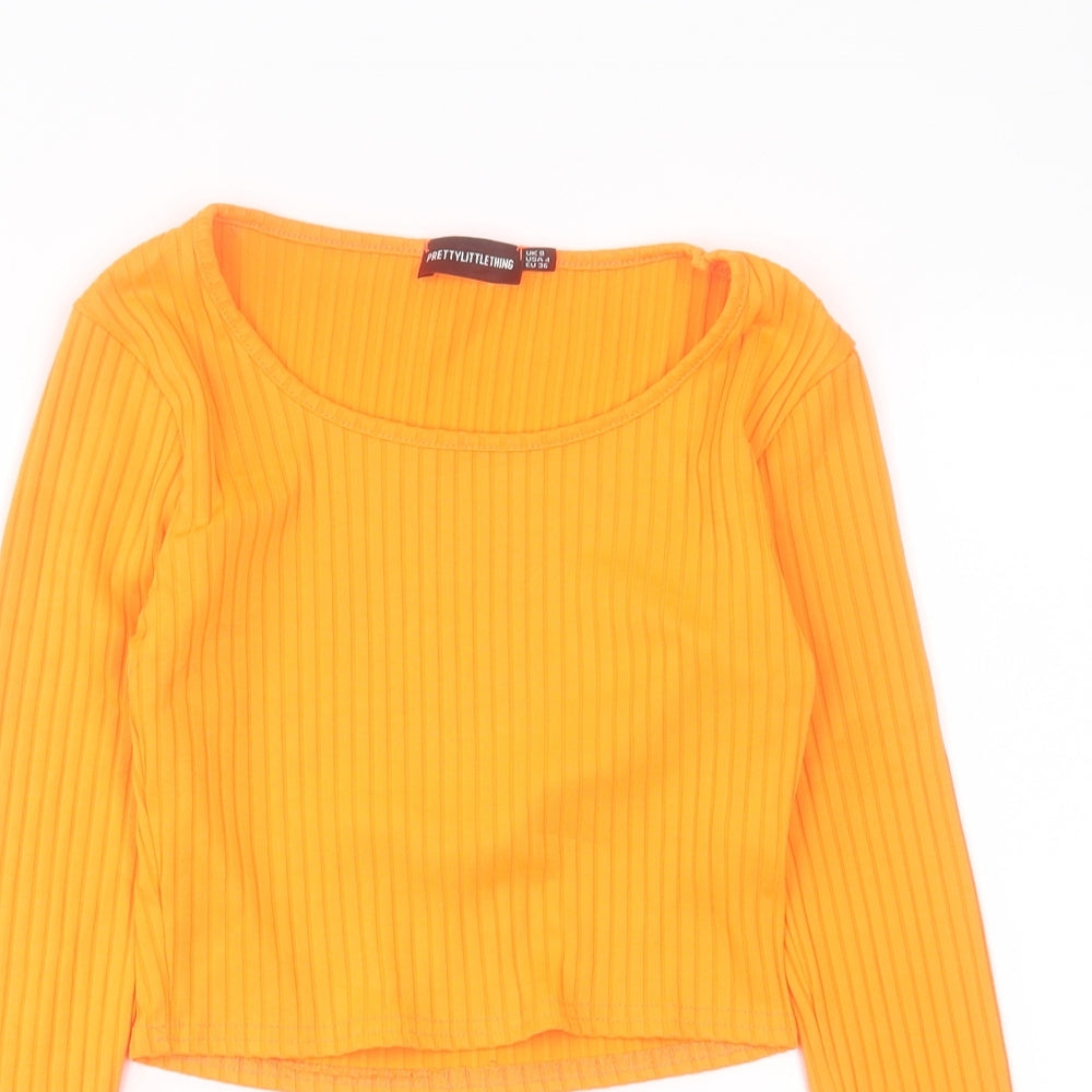 PRETTYLITTLETHING Womens Orange Polyester Cropped T-Shirt Size 8 Crew Neck