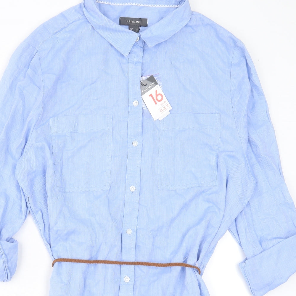 Primark Womens Blue Cotton Shirt Dress Size 16 Collared Button