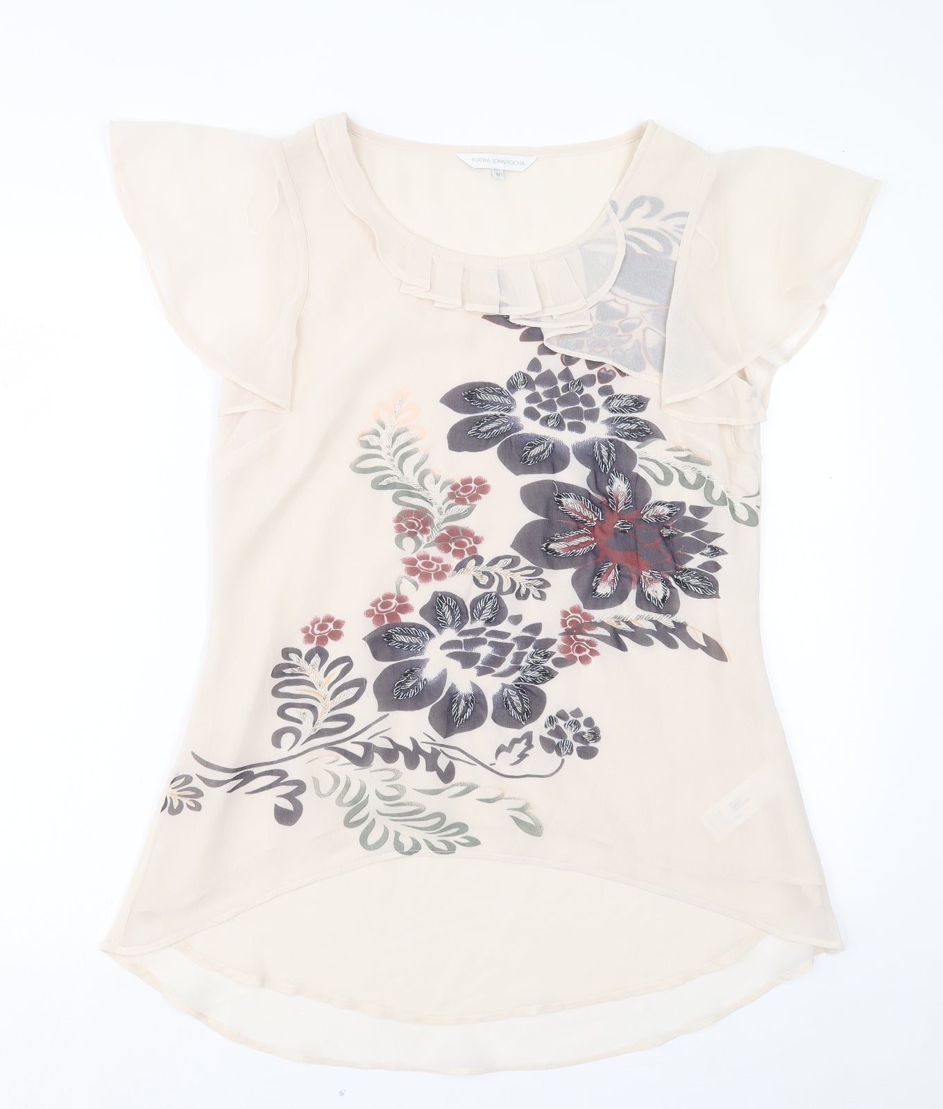 RJR.John Rocha Womens Ivory Floral Polyester Basic T-Shirt Size 12 Scoop Neck