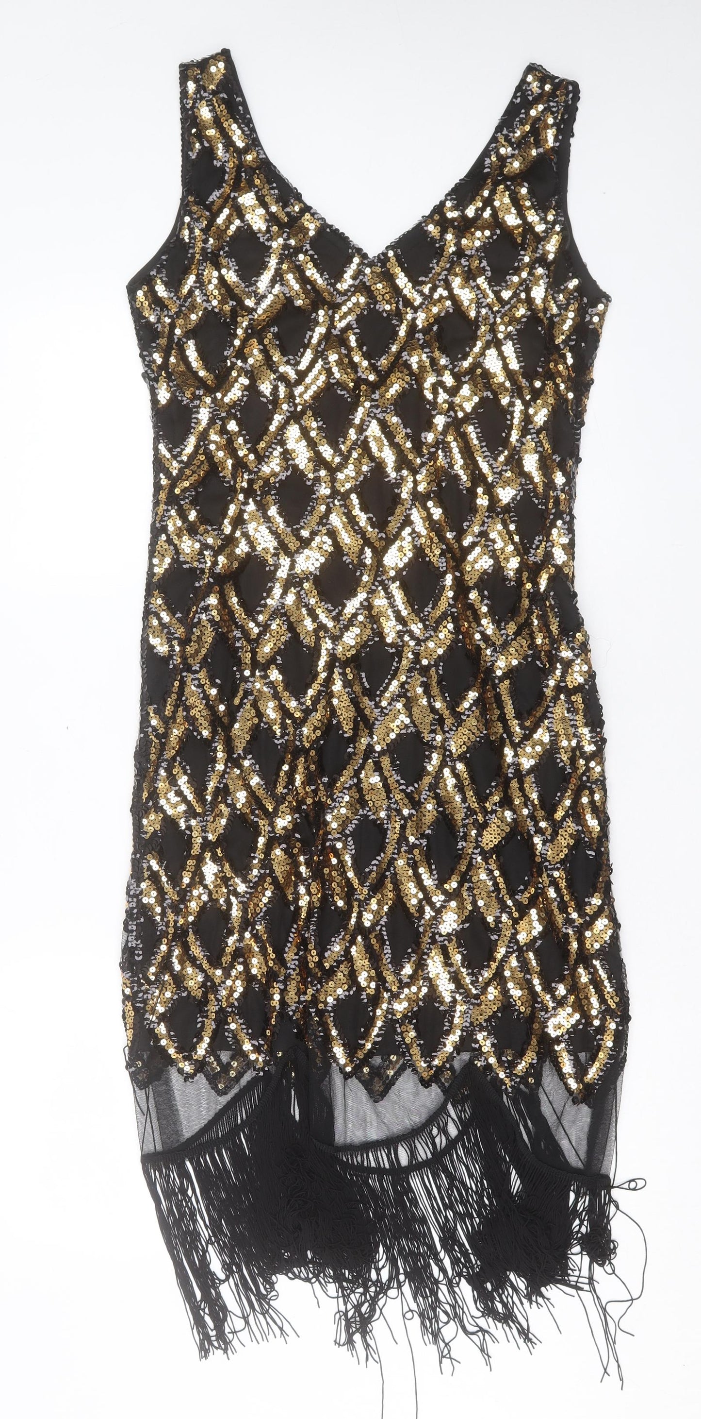 Preworn Womens Gold Argyle/Diamond Polyester A-Line Size M V-Neck Zip