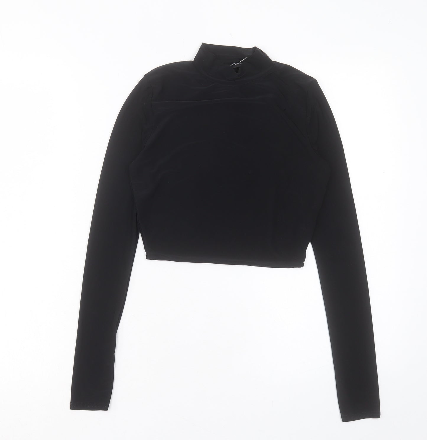 PRETTYLITTLETHING Womens Black Polyester Cropped T-Shirt Size 8 Round Neck