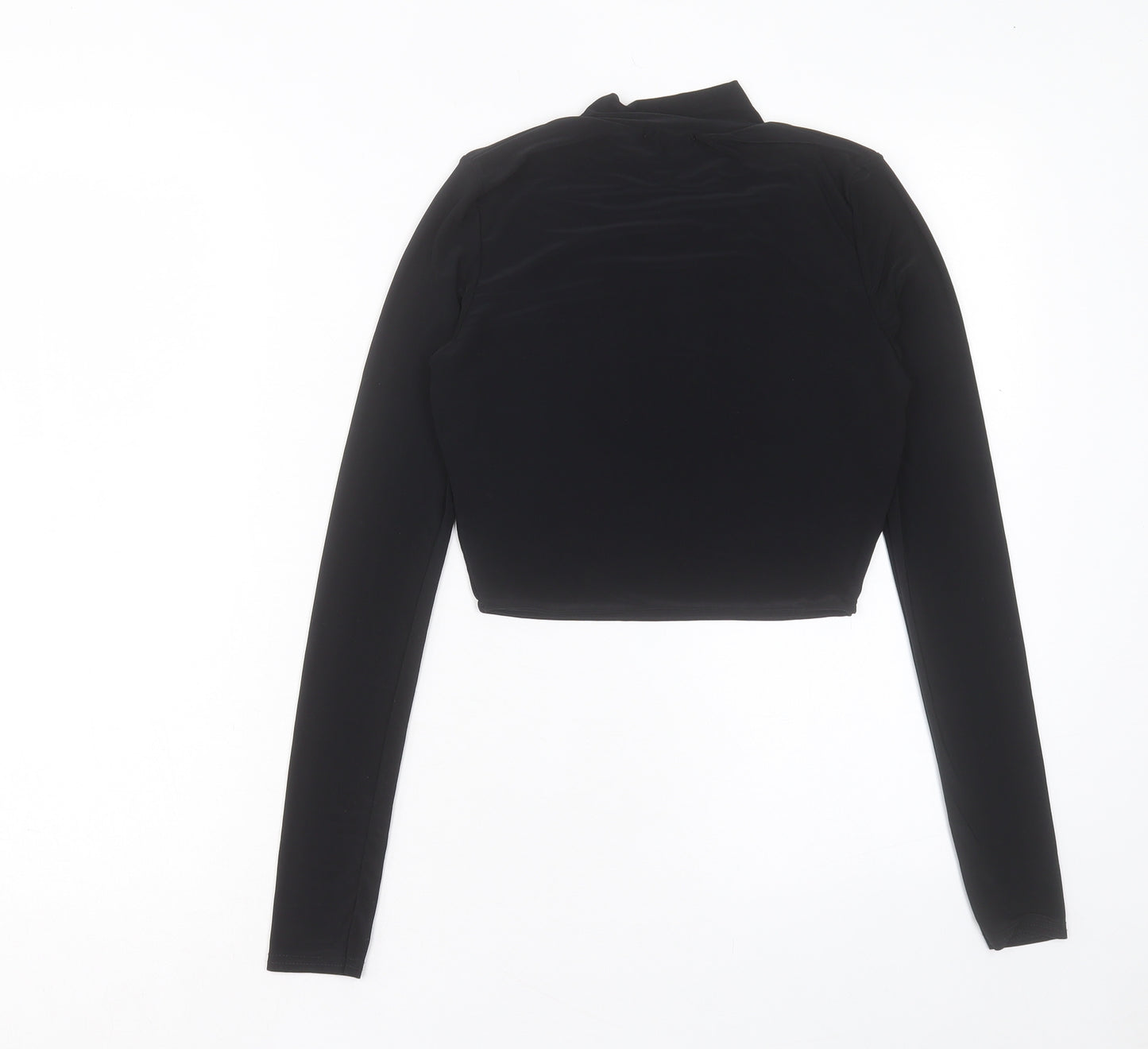 PRETTYLITTLETHING Womens Black Polyester Cropped T-Shirt Size 8 Round Neck
