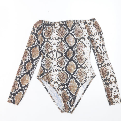 Boohoo Womens Brown Animal Print Polyester Bodysuit One-Piece Size 4 Snap
