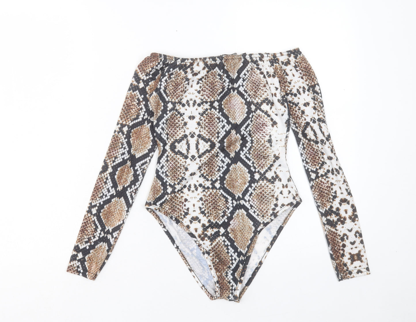 Boohoo Womens Brown Animal Print Polyester Bodysuit One-Piece Size 4 Snap