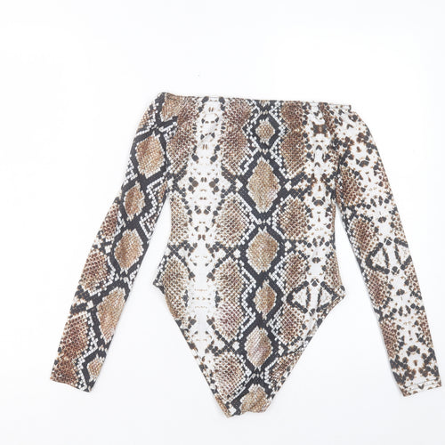 Boohoo Womens Brown Animal Print Polyester Bodysuit One-Piece Size 4 Snap