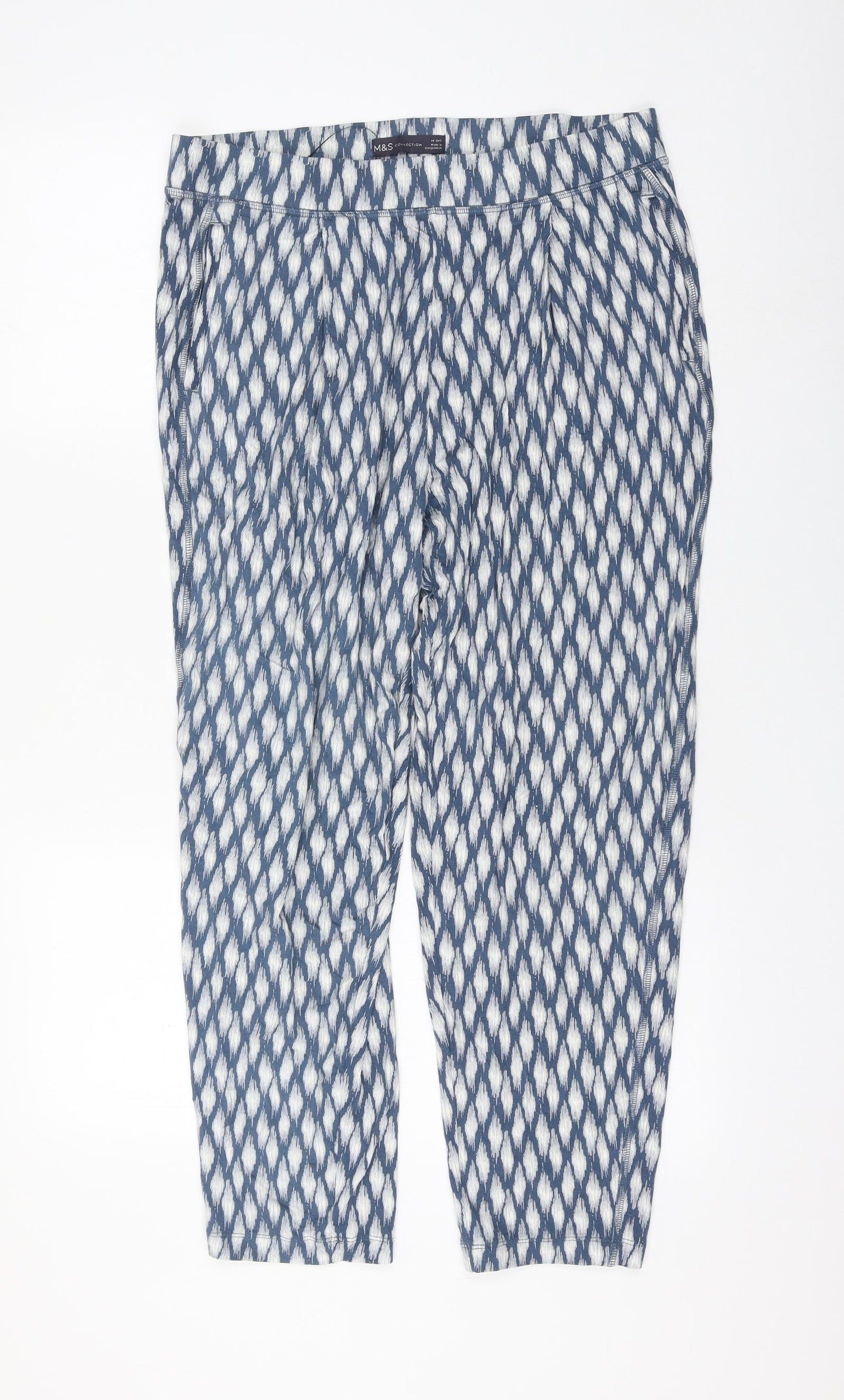 Marks and Spencer Womens Blue Geometric Viscose Trousers Size 14 L25 in Regular