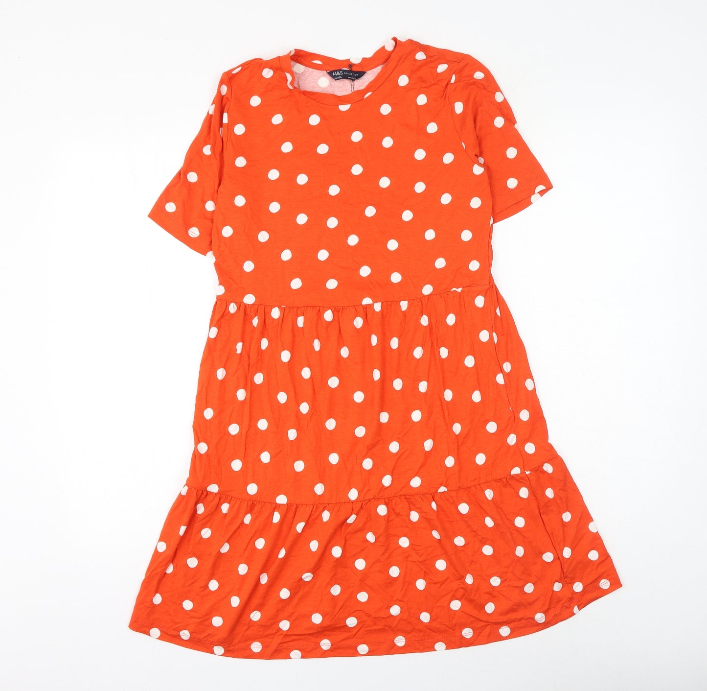 Marks and Spencer Womens Orange Polka Dot Viscose Skater Dress Size 10 Round Neck Pullover