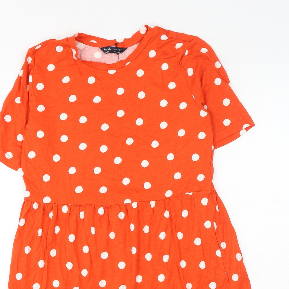 Marks and Spencer Womens Orange Polka Dot Viscose Skater Dress Size 10 Round Neck Pullover
