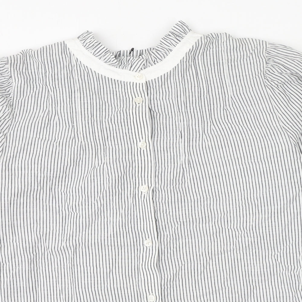 Marks and Spencer Womens White Striped Cotton Basic Button-Up Size 16 Round Neck
