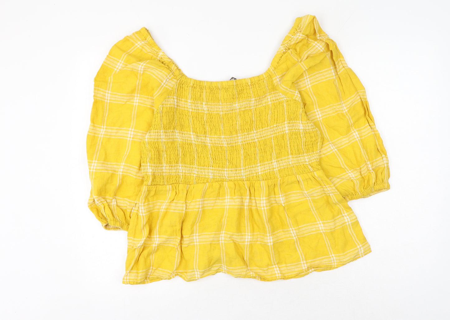 Marks and Spencer Womens Yellow Check Viscose Basic Blouse Size 16 Square Neck
