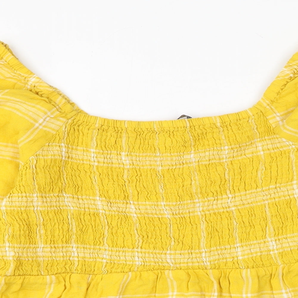 Marks and Spencer Womens Yellow Check Viscose Basic Blouse Size 16 Square Neck