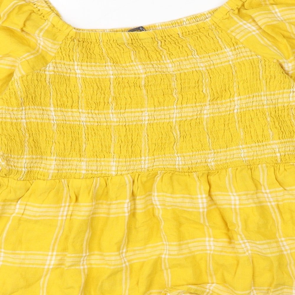 Marks and Spencer Womens Yellow Check Viscose Basic Blouse Size 16 Square Neck