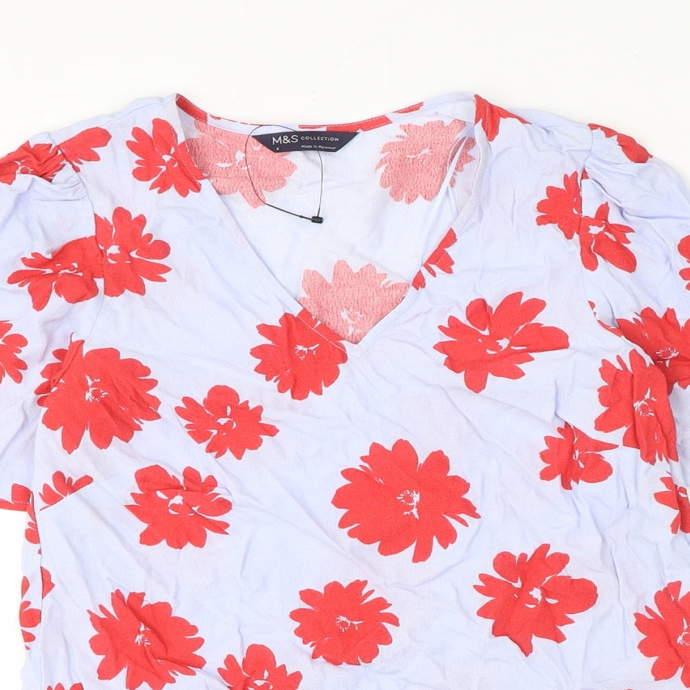 Marks and Spencer Womens Blue Floral Viscose Basic Blouse Size 6 Round Neck