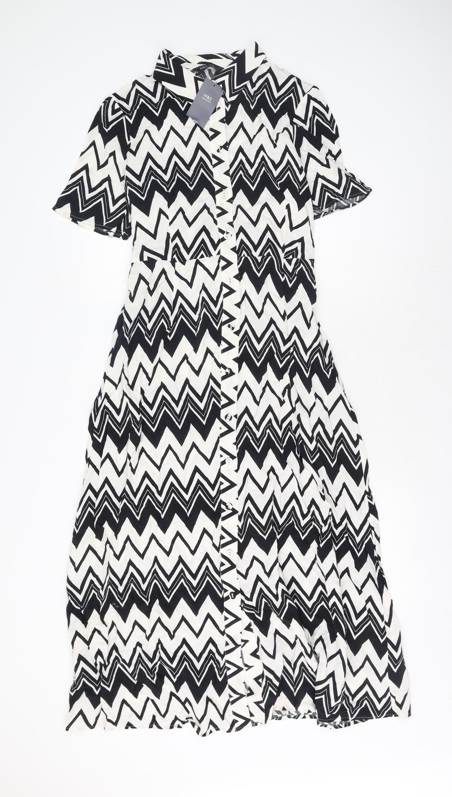 Marks and Spencer Womens White Geometric Viscose Shirt Dress Size 12 Collared Button