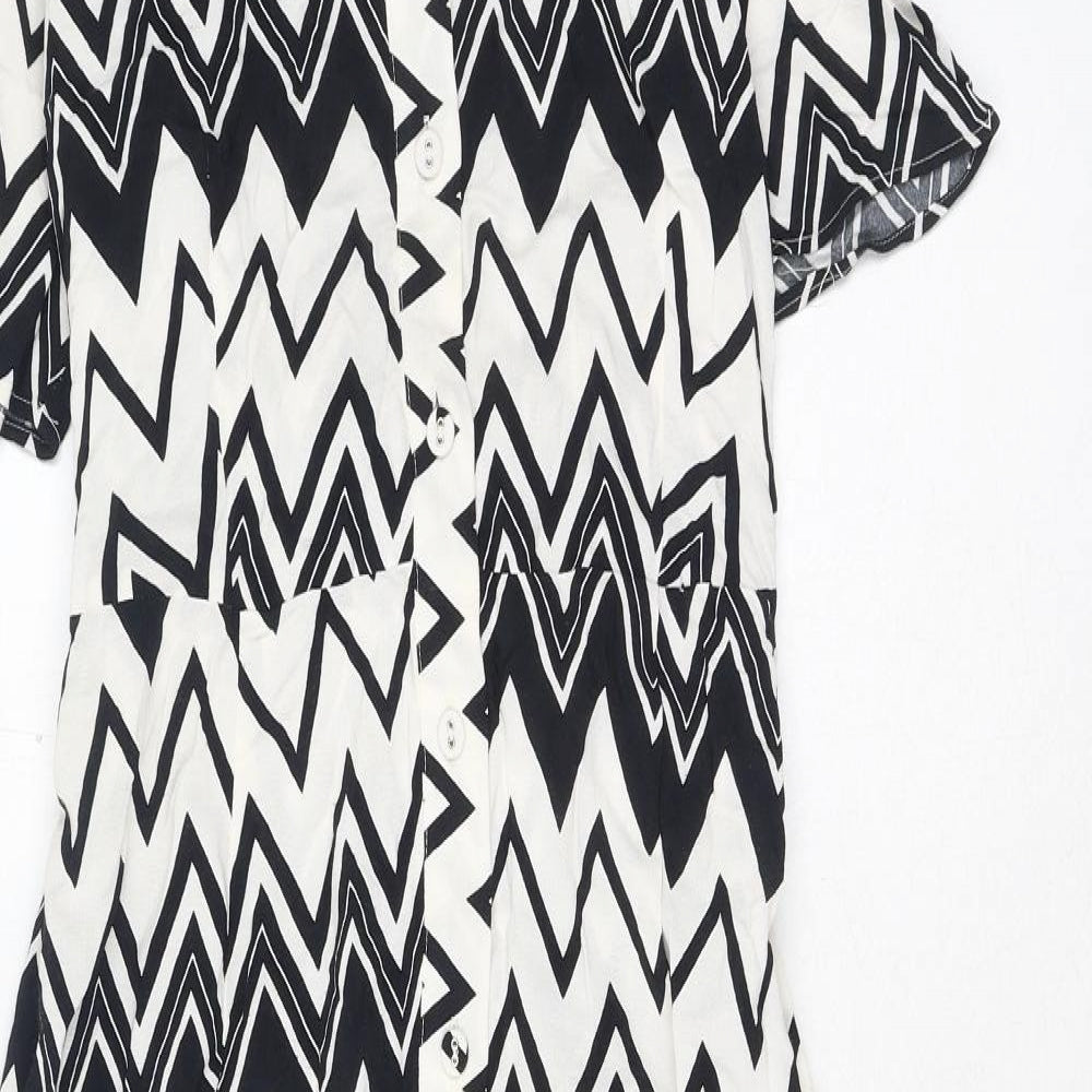 Marks and Spencer Womens White Geometric Viscose Shirt Dress Size 12 Collared Button