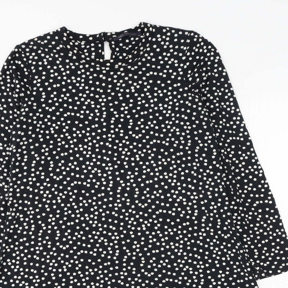 Marks and Spencer Womens Black Polka Dot Viscose Shift Size 14 Round Neck Button