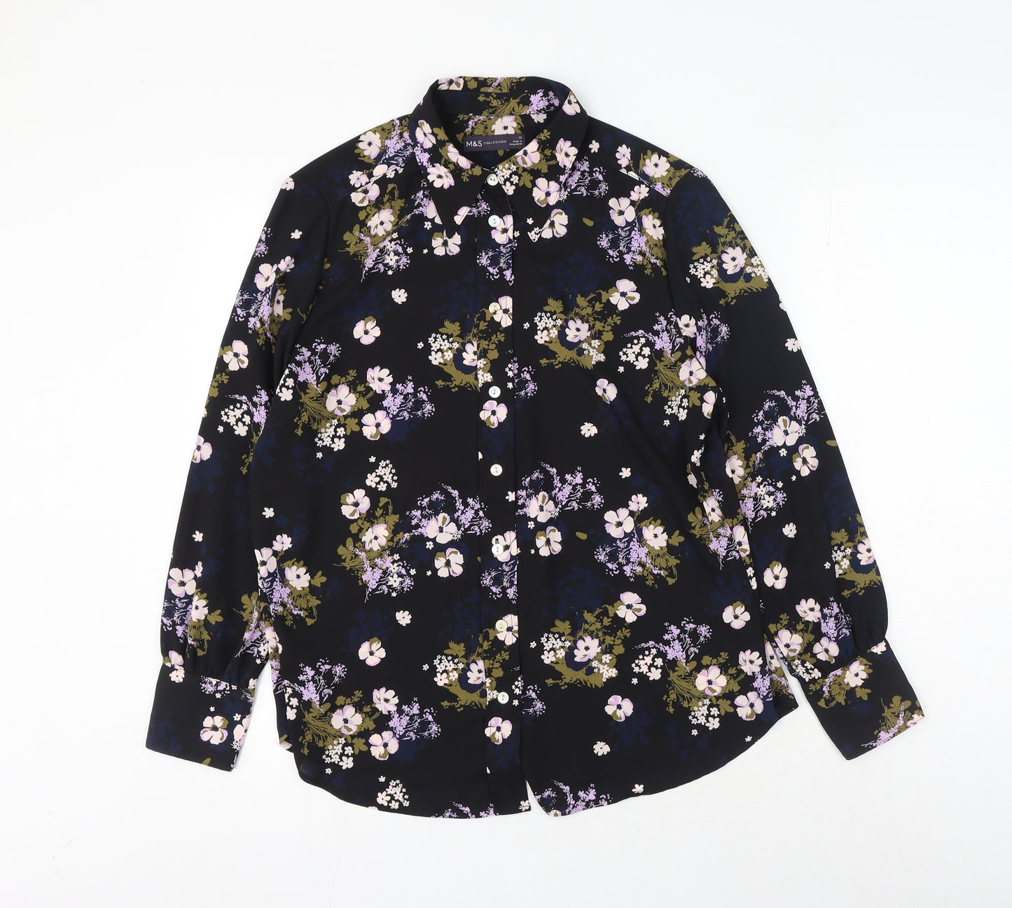 Marks and Spencer Womens Black Floral Polyester Basic Button-Up Size 12 Collared
