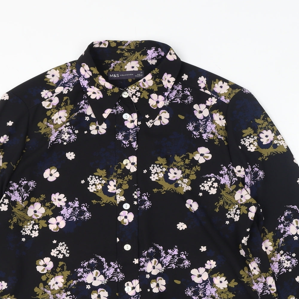 Marks and Spencer Womens Black Floral Polyester Basic Button-Up Size 12 Collared