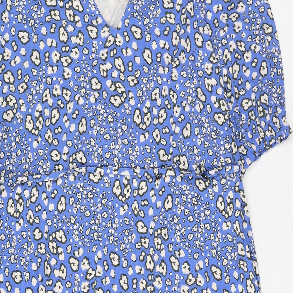 Marks and Spencer Womens Blue Animal Print Viscose A-Line Size 24 V-Neck Pullover - Leopard Print