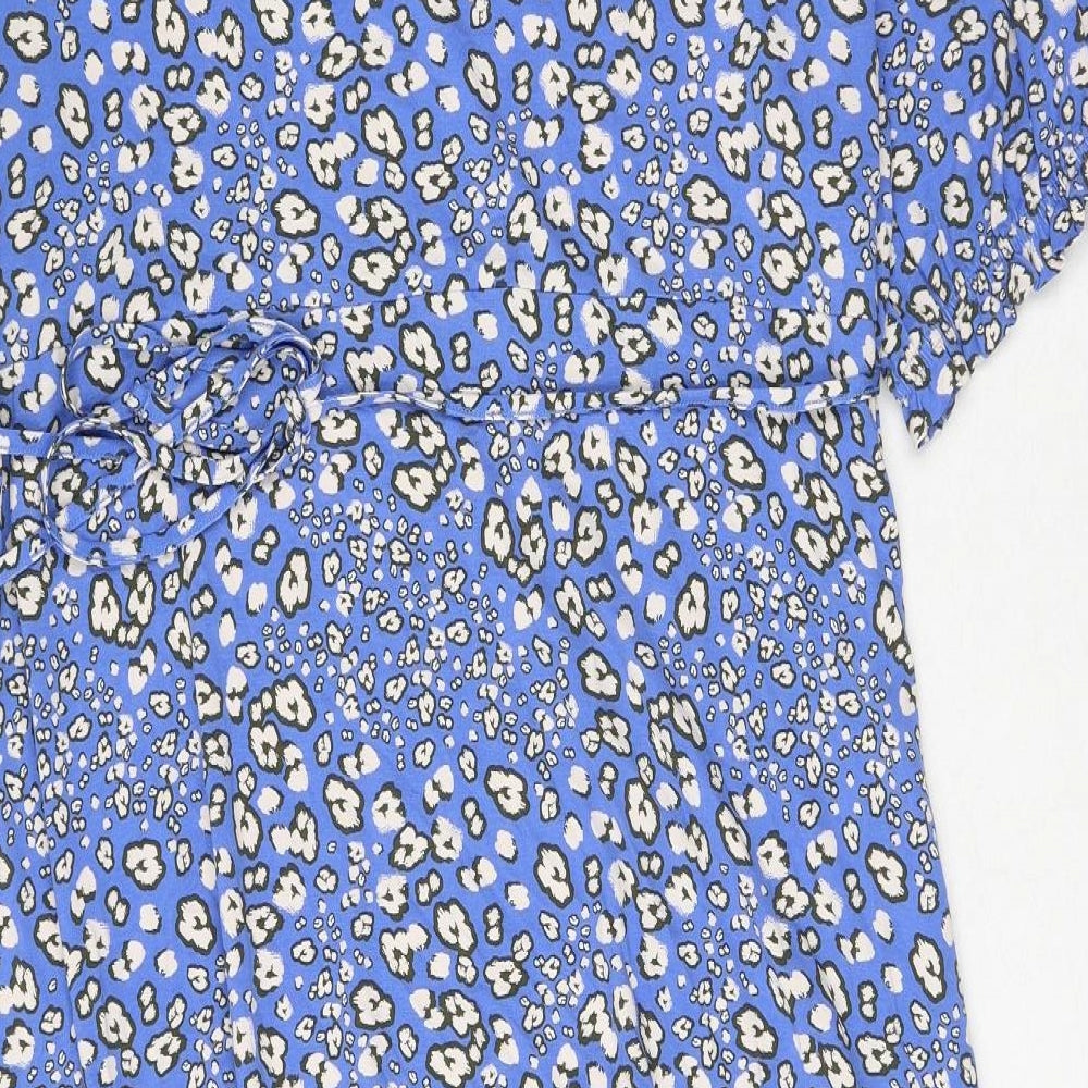 Marks and Spencer Womens Blue Animal Print Viscose A-Line Size 24 V-Neck Pullover - Leopard Print