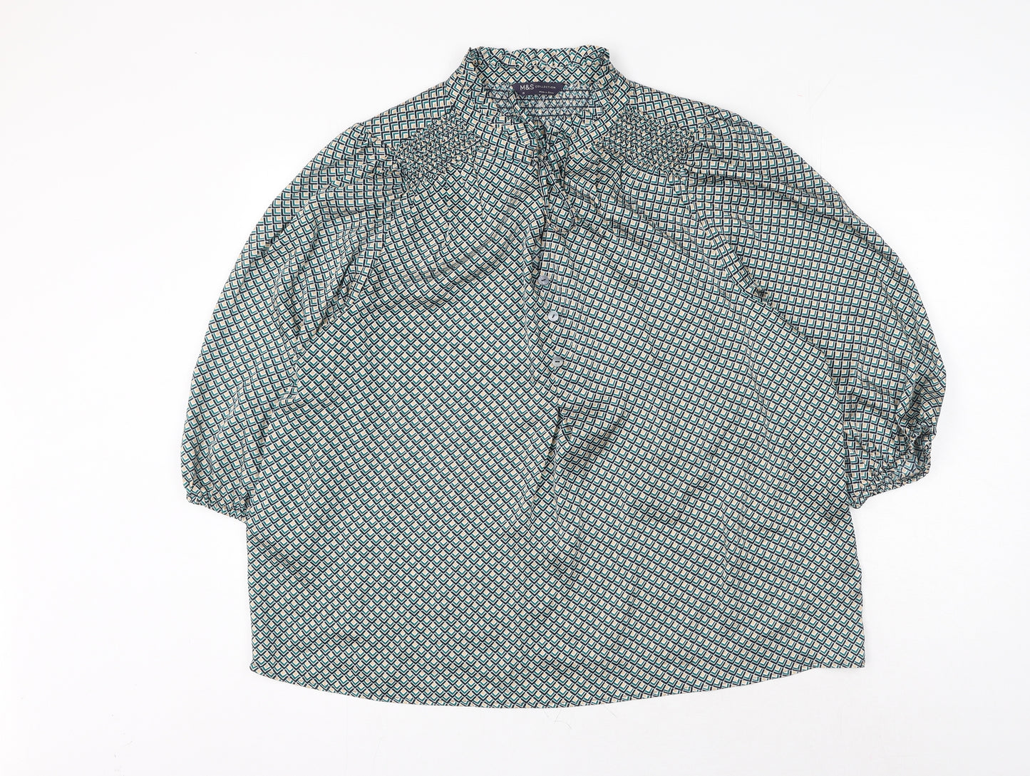 Marks and Spencer Womens Green Geometric Polyester Basic Blouse Size 20 Round Neck