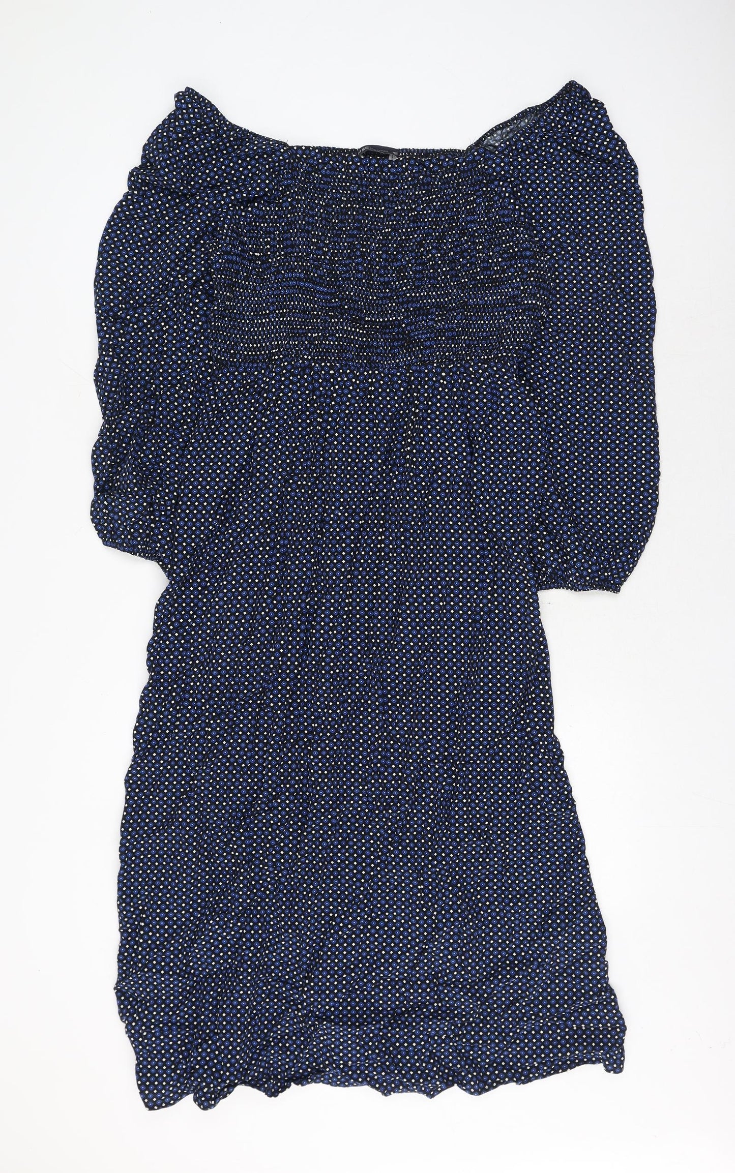 Marks and Spencer Womens Blue Geometric Viscose A-Line Size 16 Square Neck Pullover