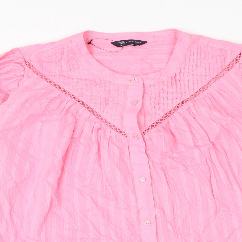 Marks and Spencer Womens Pink Striped Cotton Basic Button-Up Size 14 Round Neck
