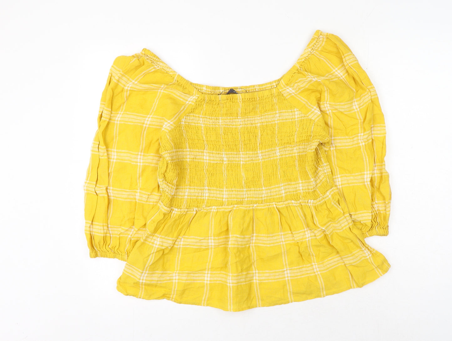 Marks and Spencer Womens Yellow Check Flax Basic Blouse Size 14 Square Neck