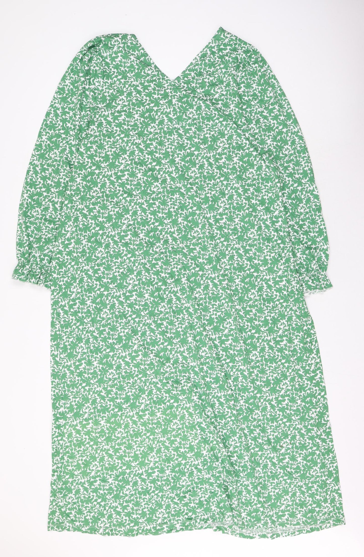 Marks and Spencer Womens Green Floral Cotton Shift Size 20 V-Neck Pullover