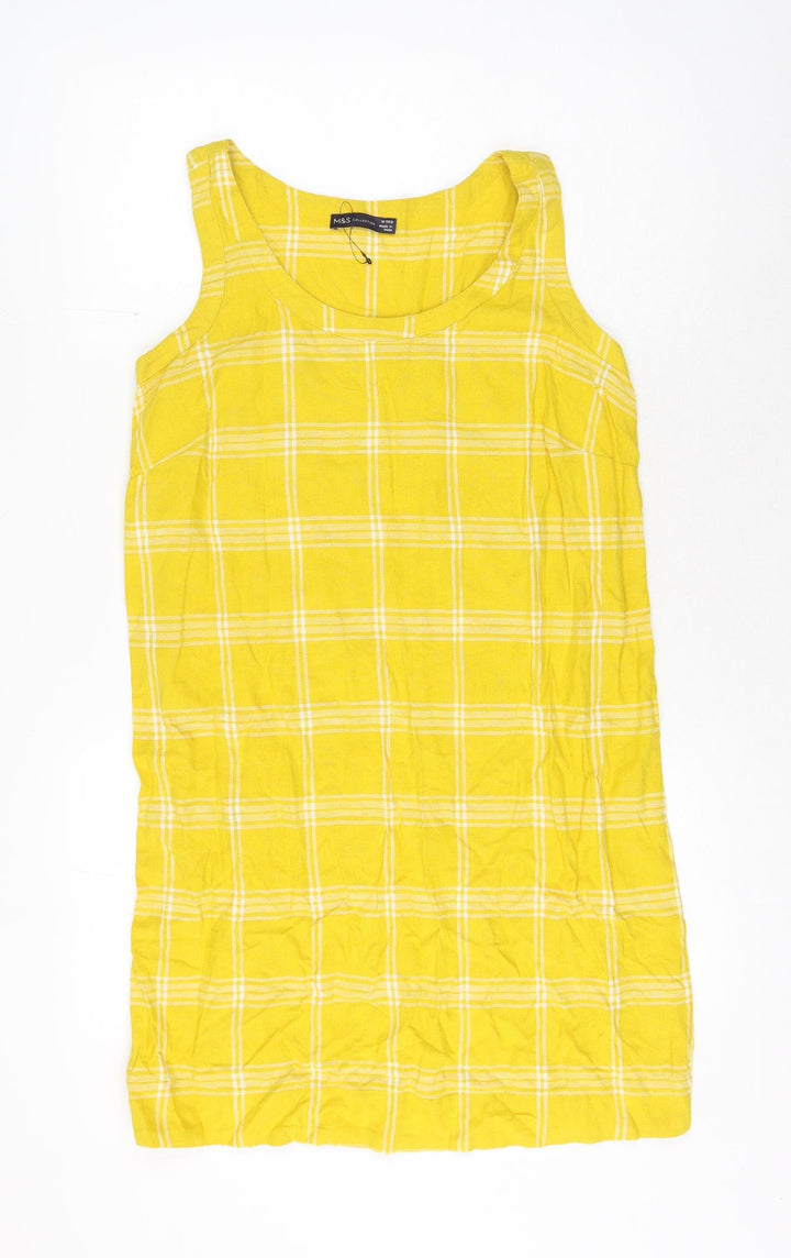 Marks and Spencer Womens Yellow Check Flax Shift Size 10 Round Neck Pullover