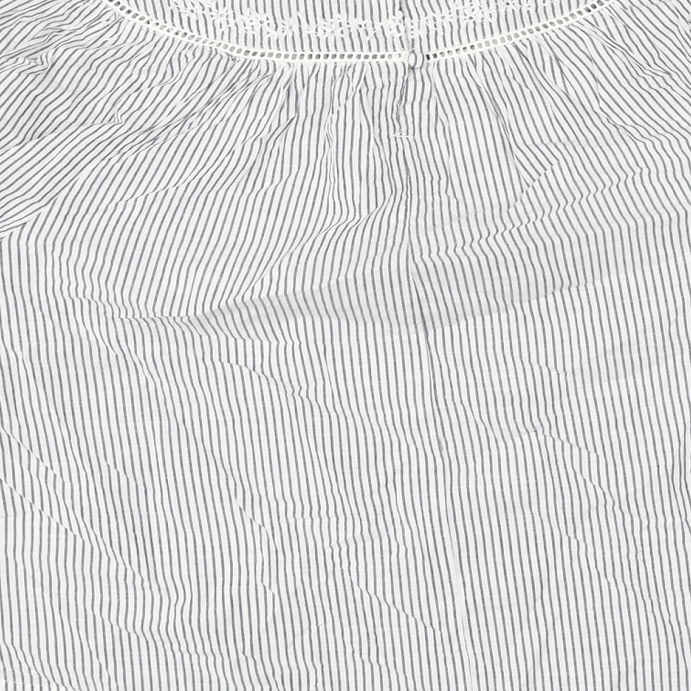 Marks and Spencer Womens White Striped Cotton Basic Blouse Size 16 Round Neck