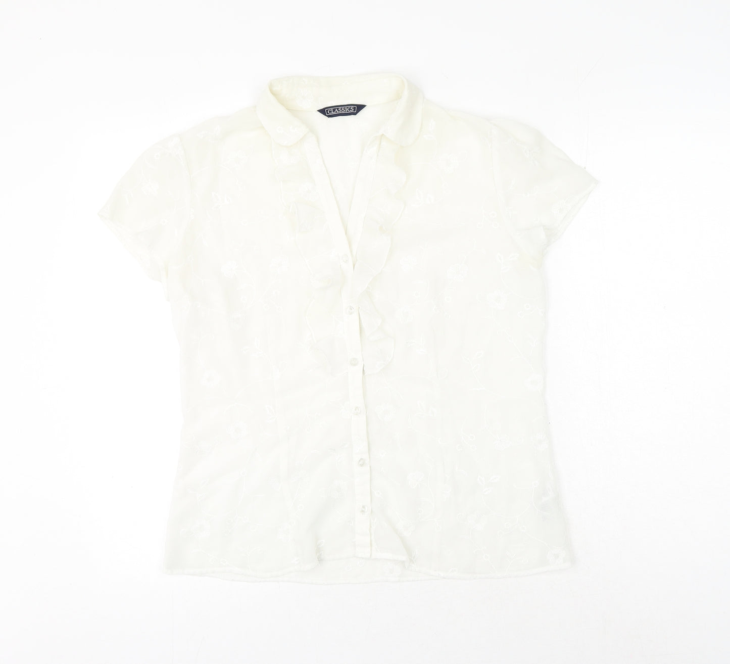BHS Womens White Floral Polyester Basic Button-Up Size 14 V-Neck
