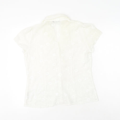 BHS Womens White Floral Polyester Basic Button-Up Size 14 V-Neck