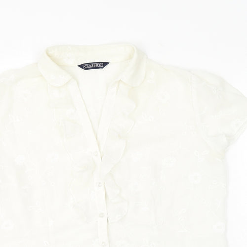 BHS Womens White Floral Polyester Basic Button-Up Size 14 V-Neck
