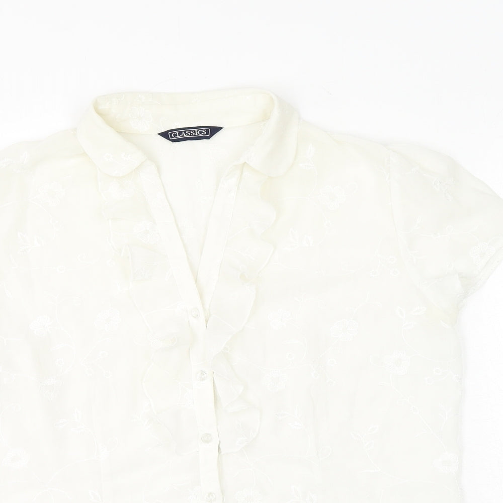 BHS Womens White Floral Polyester Basic Button-Up Size 14 V-Neck