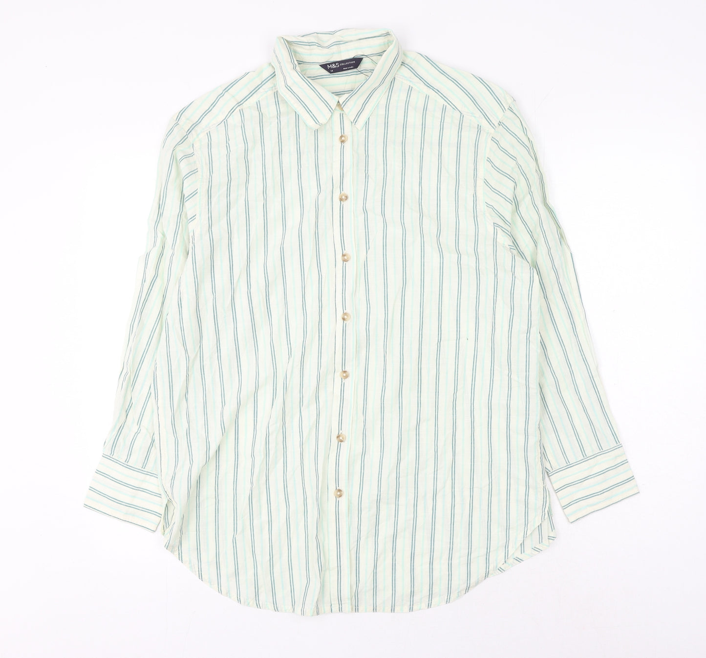 Marks and Spencer Womens White Striped Cotton Basic Button-Up Size 14 Collared