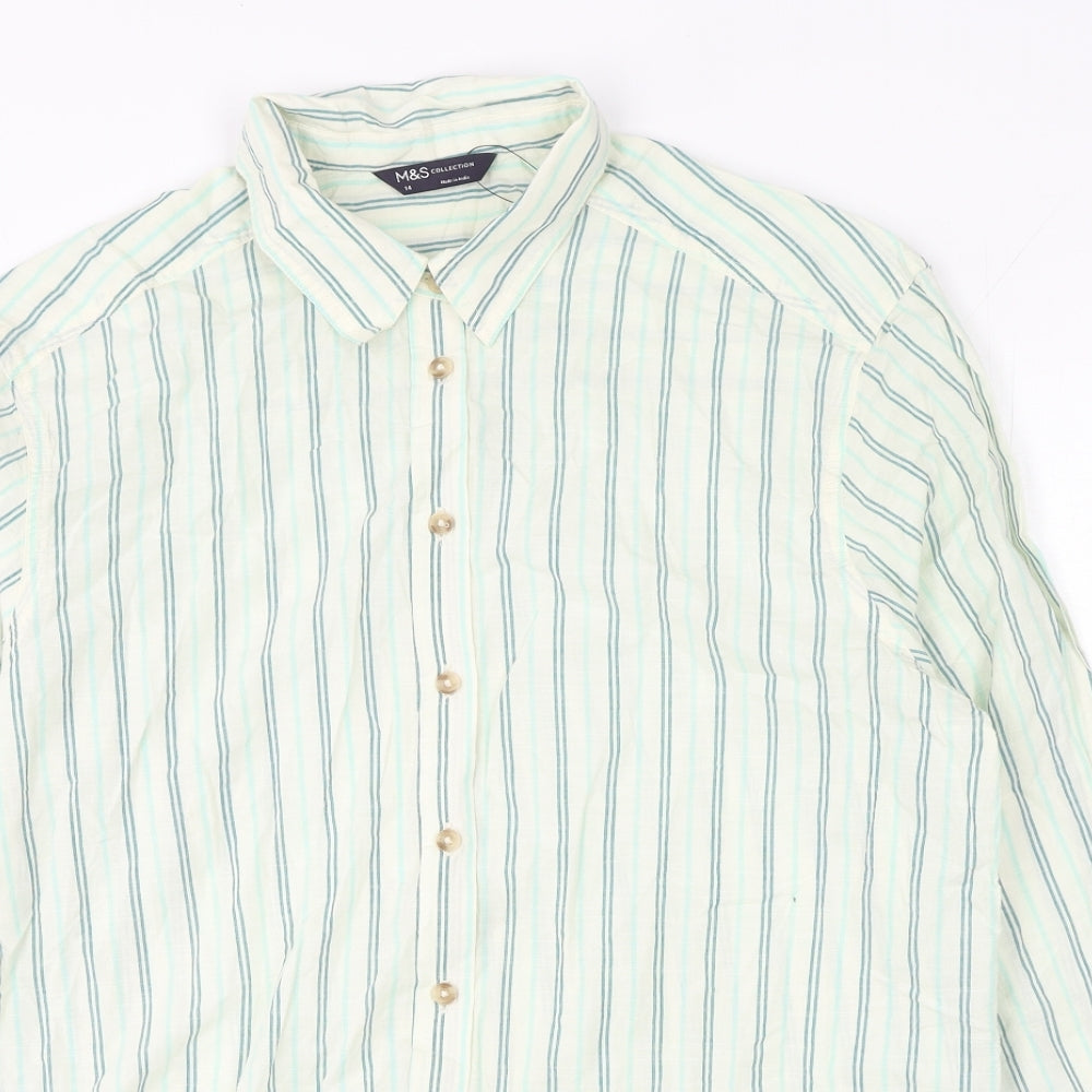 Marks and Spencer Womens White Striped Cotton Basic Button-Up Size 14 Collared