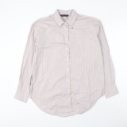 Marks and Spencer Womens Grey Striped Cotton Basic Button-Up Size 8 Collared