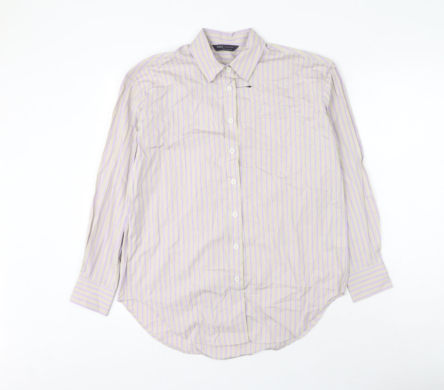 Marks and Spencer Womens Grey Striped Cotton Basic Button-Up Size 8 Collared