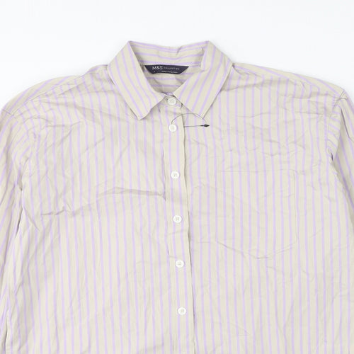 Marks and Spencer Womens Grey Striped Cotton Basic Button-Up Size 8 Collared