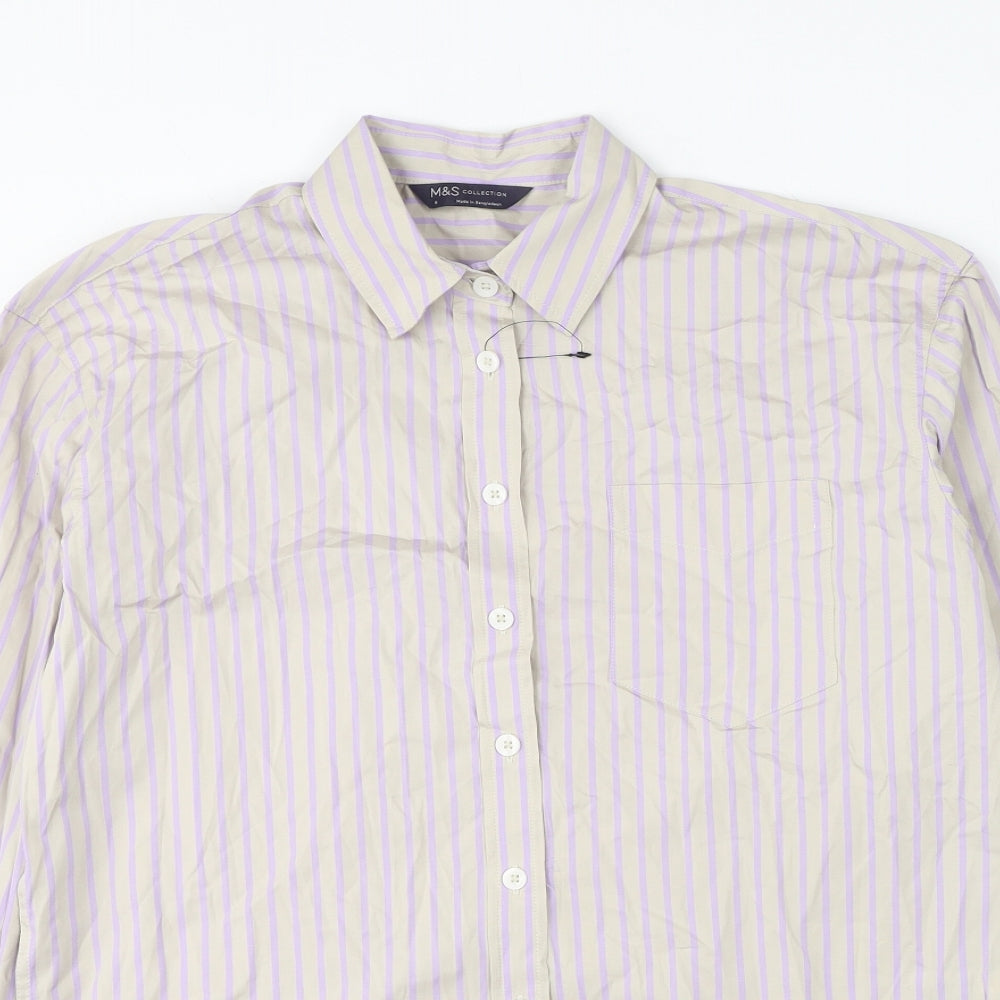 Marks and Spencer Womens Grey Striped Cotton Basic Button-Up Size 8 Collared