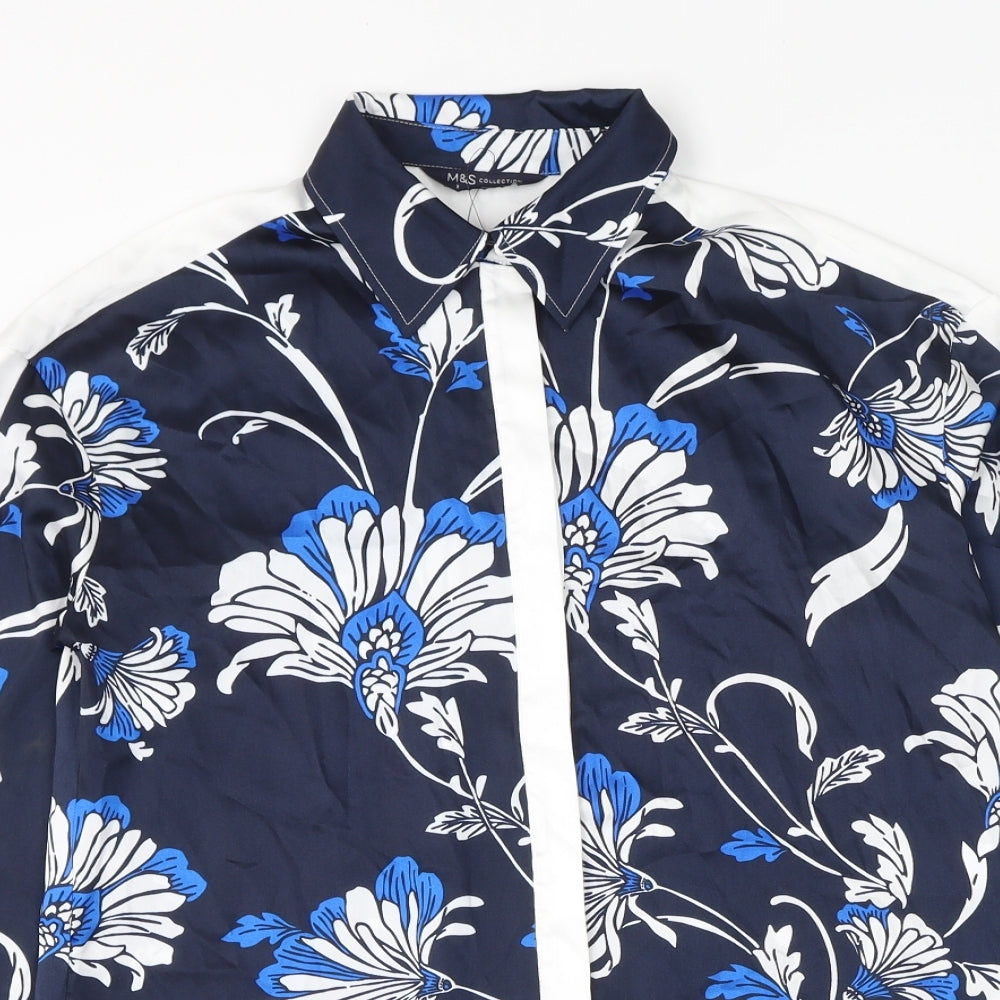 Marks and Spencer Womens Blue Floral Polyester Basic Button-Up Size 8 Collared