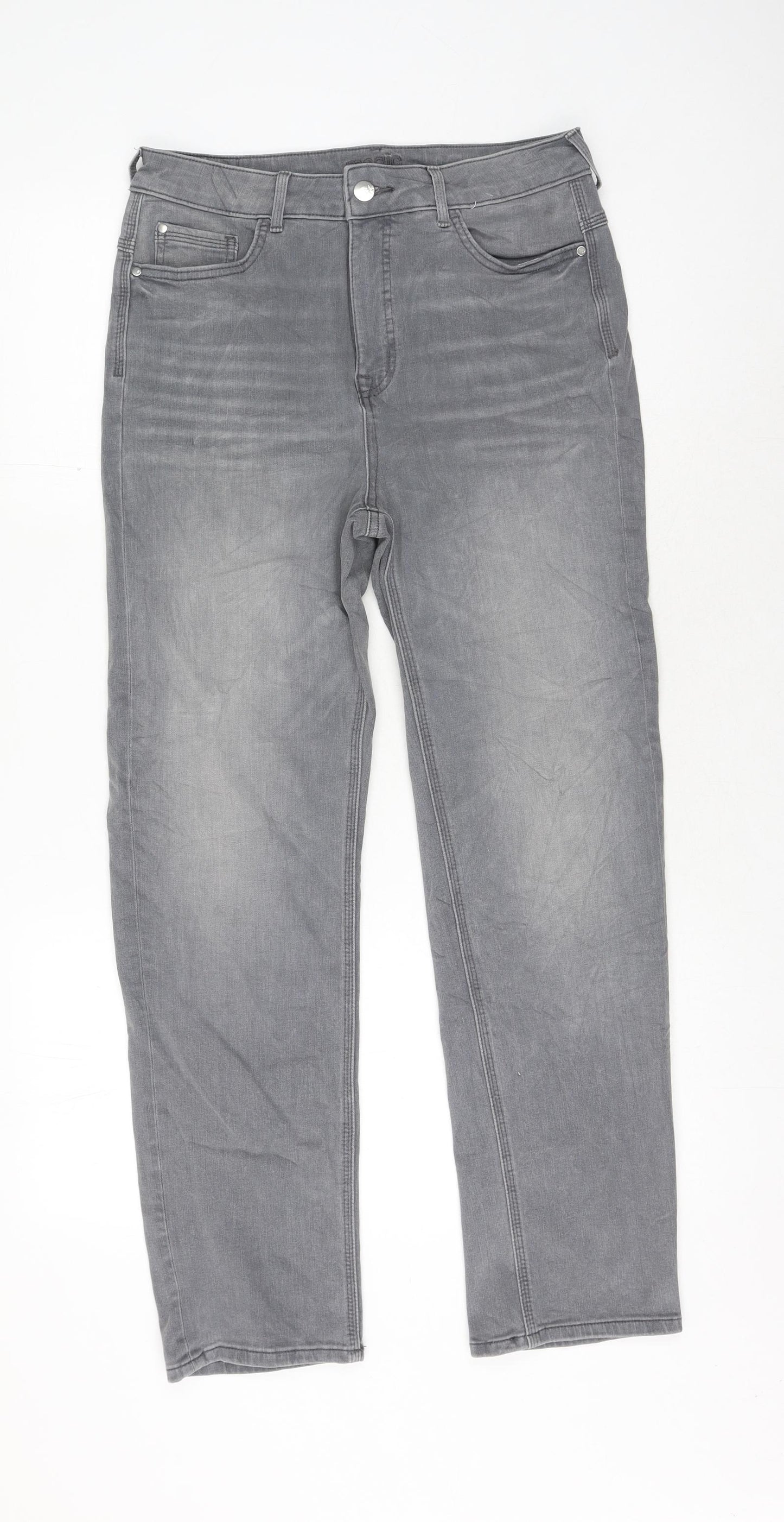 Marks and Spencer Womens Grey Cotton Straight Jeans Size 14 L28 in Regular Zip