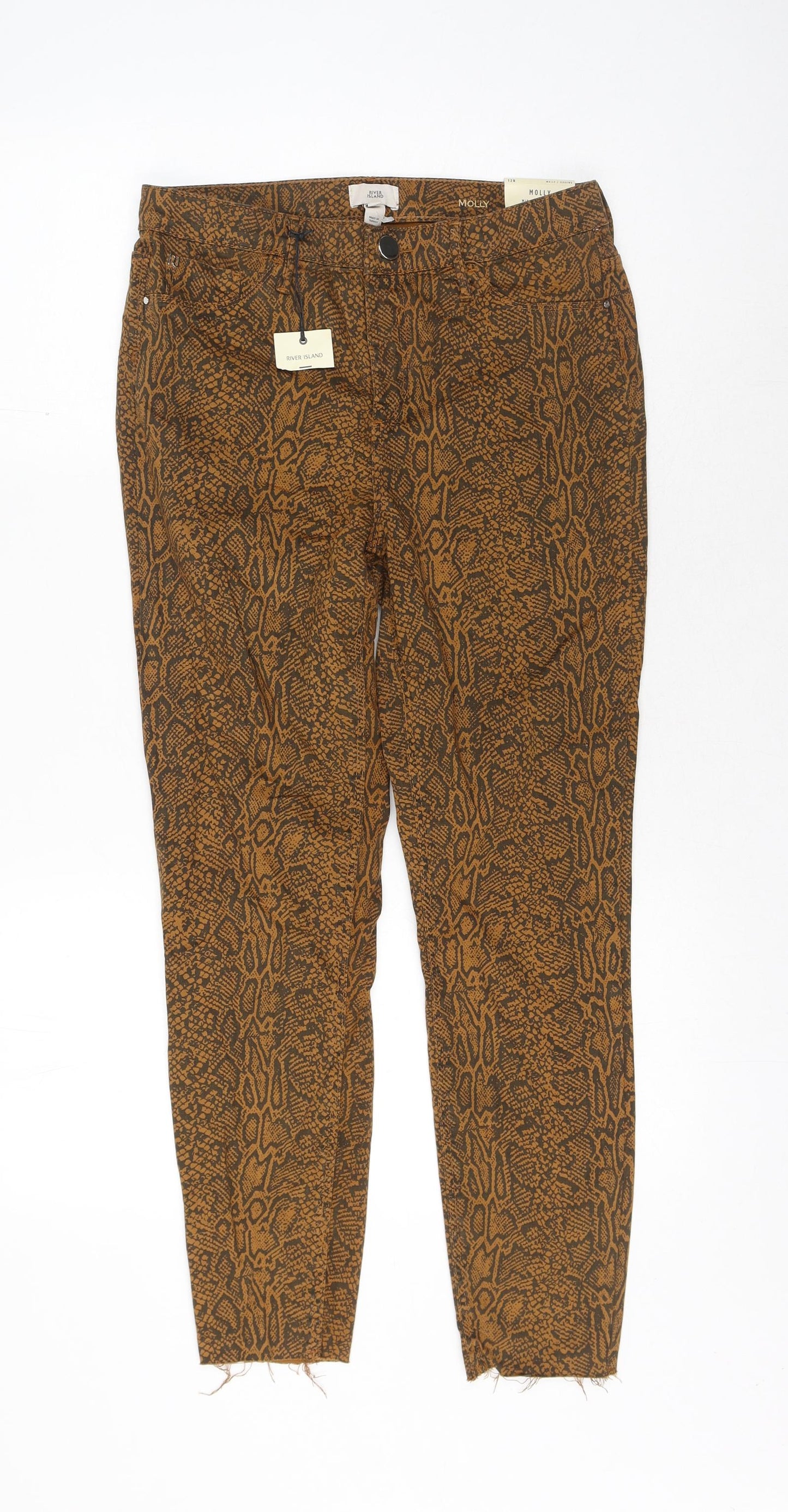 River Island Womens Brown Animal Print Cotton Skinny Jeans Size 12 L27 in Regular Zip