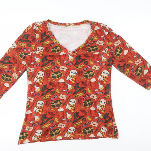 Preworn Womens Orange Geometric Polyester Basic Polo Size 10 V-Neck - Harry Potter