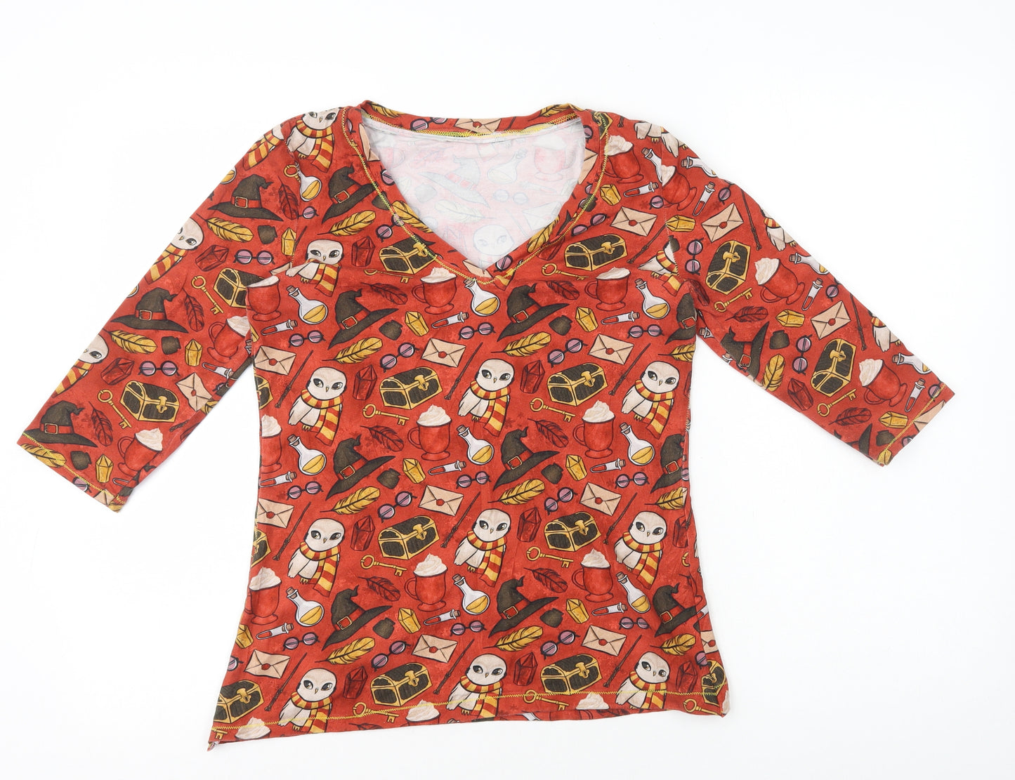 Preworn Womens Orange Geometric Polyester Basic Polo Size 10 V-Neck - Harry Potter