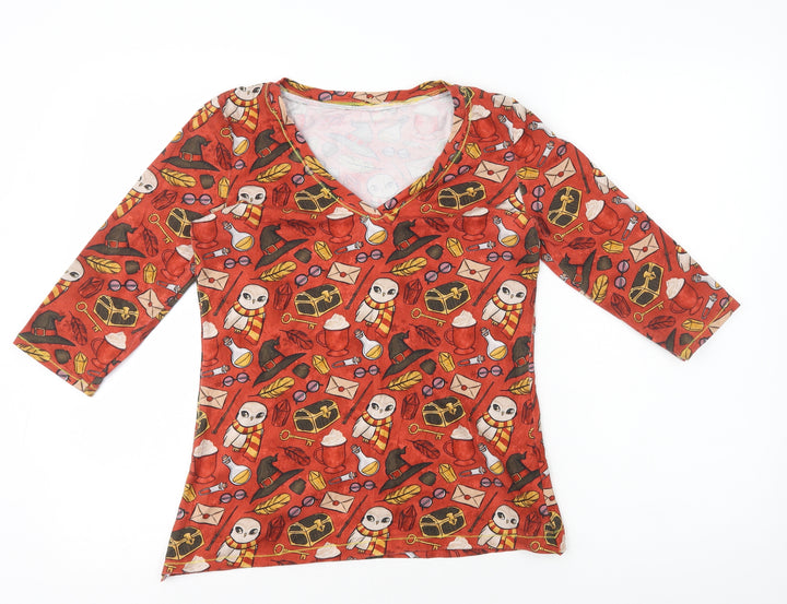 Preworn Womens Orange Geometric Polyester Basic Polo Size 10 V-Neck - Harry Potter