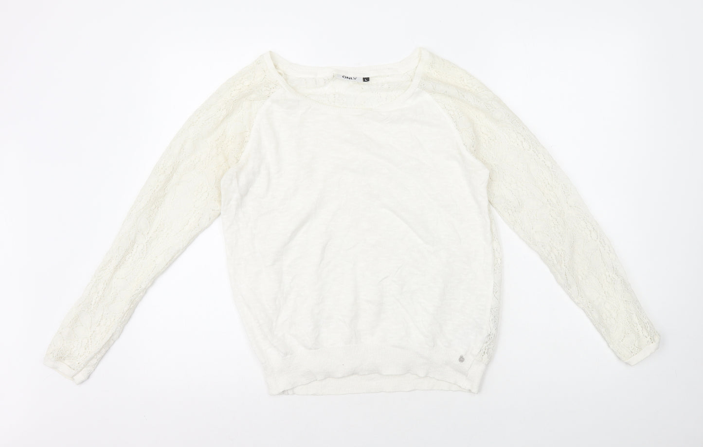 Only Womens White Round Neck 100% Cotton Pullover Jumper Size L - Lace Trim