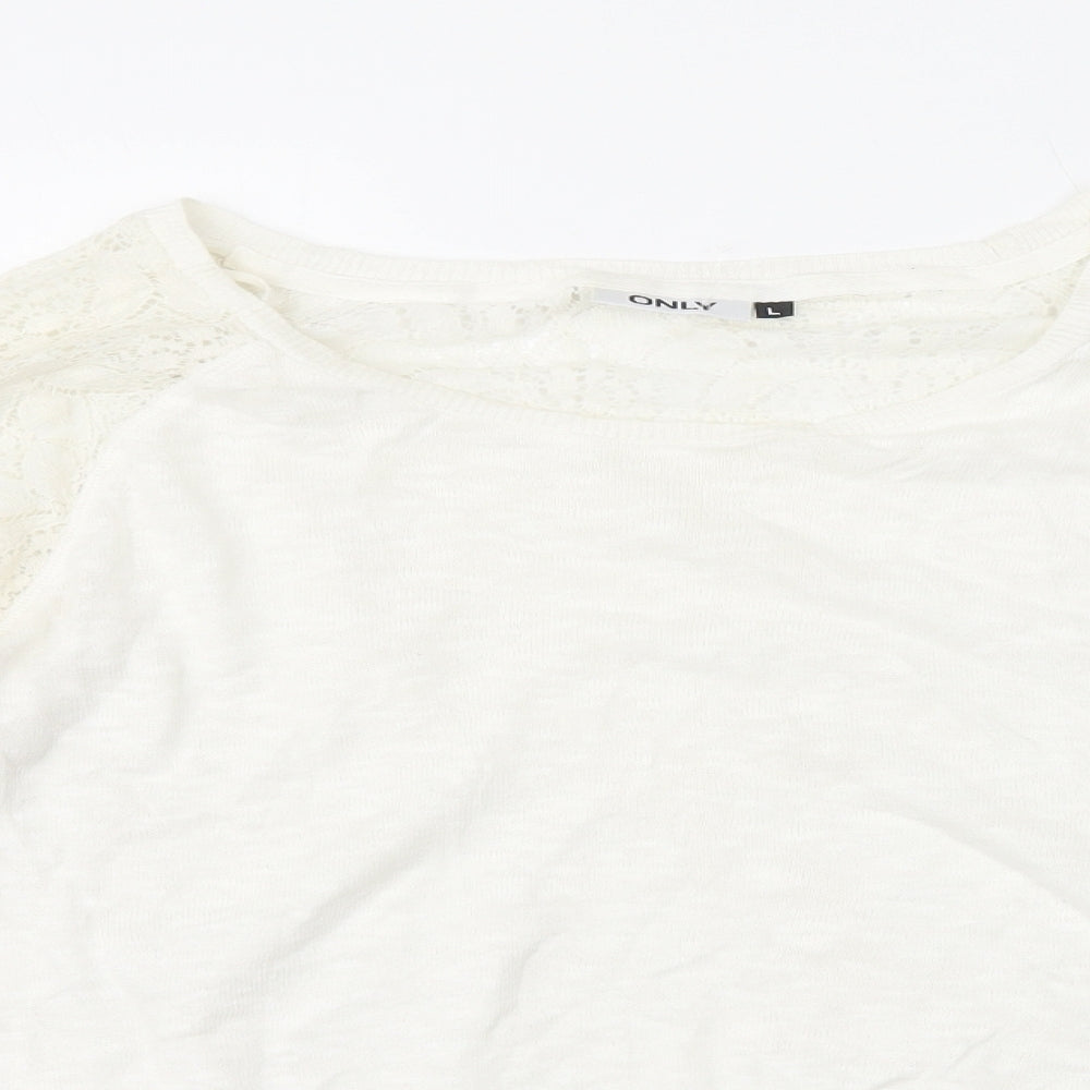 Only Womens White Round Neck 100% Cotton Pullover Jumper Size L - Lace Trim