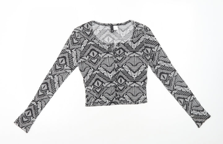 H&M Womens Black Geometric Polyester Basic T-Shirt Size S Scoop Neck